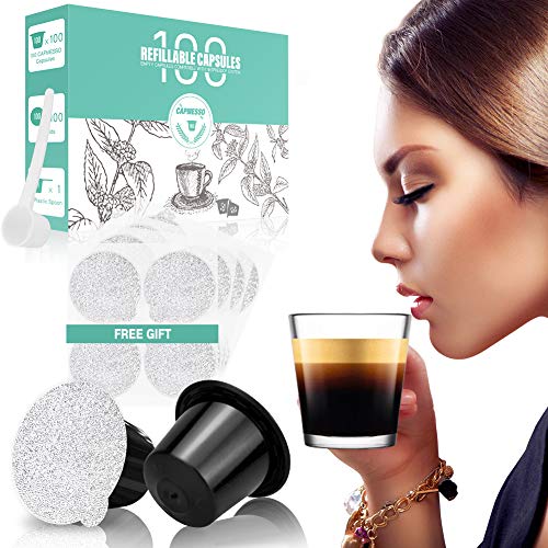 Book Cover CAPMESSO Reusable Espresso Capsules -Refillable Capsule Coffee Pods Filters Reusable More Than 1000 Times Compatible with Nespresso Original Line Machines (BPA Free,100 Pods+100 Lids+Scoop)