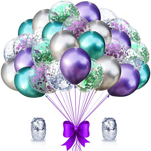 Mermaid Party Balloons Supplies Birthday Decorations Pack of 32 - Green and Purple Metallic Balloons with Glitter Confetti Clear Sparkle Decorations Party Balloon Kit for Birthday