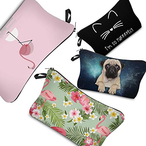 PINK PLOT Makeup Bag for Women - 4 Pieces Cosmetic Bag and Toiletry Bag Used in Travel or As a Valentine's Day gift(dog+cat+flamingo)