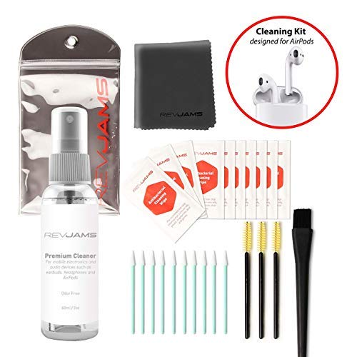 Book Cover RevJams Premium Apple AirPod 25 pc Cleaning Kit, Includes Anti Bacterial Spray, Microfiber Cloth, Anti Static Brush, Swabs and More