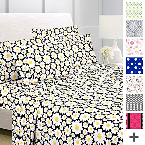 American Home Collection Deluxe 6 Piece Printed Sheet Set of Brushed Fabric, Deep Pocket Wrinkle Resistant - Hypoallergenic (Queen, Yellow Daisies)