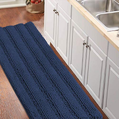 Bath Rug Runner for Bathroom 59"x 20" Extra Large Navy Blue Striped Bath Mat Runner Slid Resistant Oversize Non-Slip Bathroom Rugs Shag Area Rug, Absorbent Shaggy Rug for Tub Shower Rug, Navy