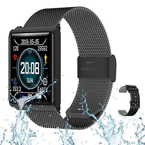 RZATU Smart Watch for Android Phones Fitness Tracker with Heart Rate Monitor Blood Pressure Sleep Waterproof Smartwatch Steel Activity Tracker with Color Screen Compatible for iOS Black
