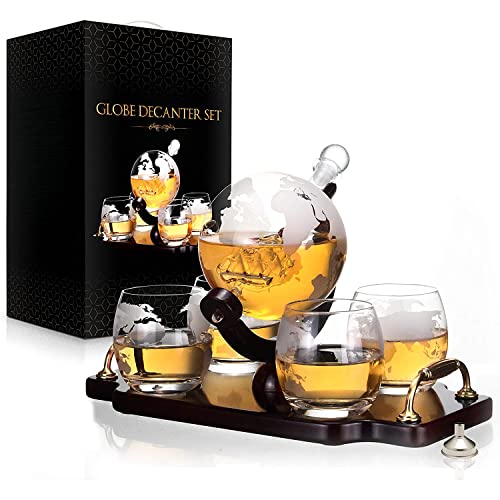Whiskey Decanter Globe Decanter and Glass Set Whiskey Decanter Globe Set Antique Ship Decanter Masterpiece Great Gift for Men 28 oz 850 ml 4 Whiskey globe Glasses for Whisky Brandy Scotch Bourbon