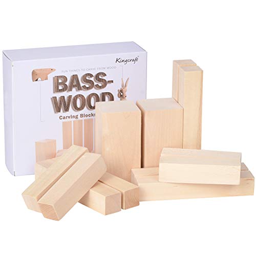 Book Cover KINGCRAFT 12 Pack Basswood Carving Blocks Soft Solid Wooden Whittling Kit for Whittler Starter Kids