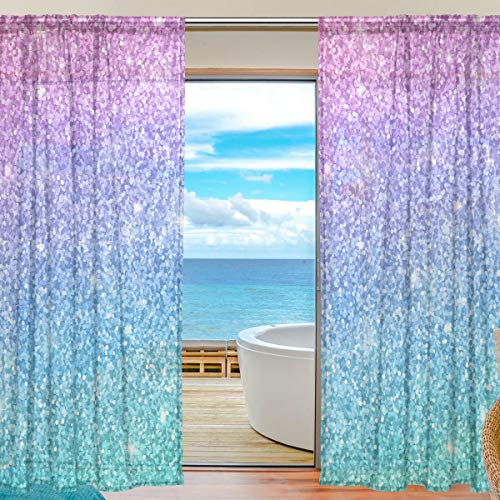 Book Cover senya Sheers Window Curtains for Living Room Bedroom Pink Blue Glitter Pattern Printed Voile Polyester Set of 2 Curtain Panels, 55