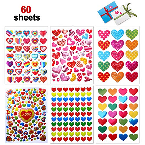 Book Cover Dream Loom Valentines Heart Stickers, 60 Sheets Valentine's Day Love Decorative Stickers for Anniversaries, Party, Wedding (Colorful)