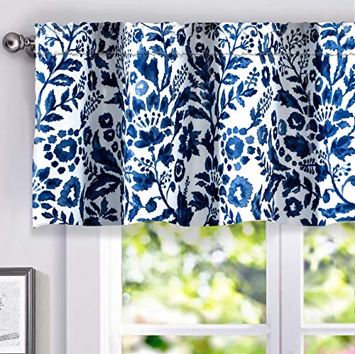 Book Cover DriftAway Julia Watercolor Blooming Flower Floral Lined Thermal Insulated Window Curtain Valance Rod Pocket 52 Inch by 18 Inch Plus 2 Inch Header Navy 1 Pack