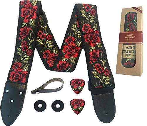 Book Cover Guitar Strap Cotton Flower Roses W/FREE BONUS- 2 Picks + Strap Locks + Strap Button. For Bass, Electric & Acoustic Guitars. The Best Guitarist Gift By Art Tribute LIFE TIME WARRANTY