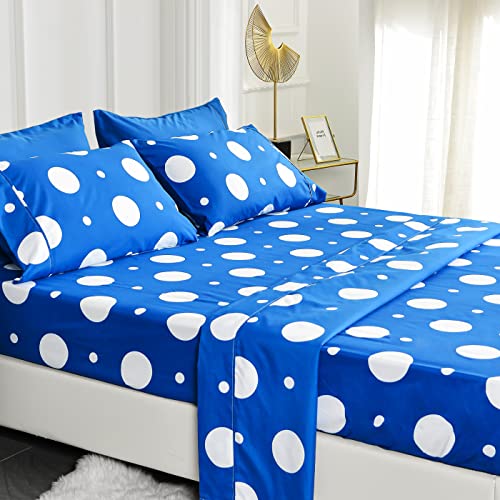 American Home Collection 6 Piece Bed Sheet Set Super Soft Brushed Microfiber - 14" Deep Pocket - Wrinkle Resistant - Hypoallergenic (Queen, Blue Polka Dot)