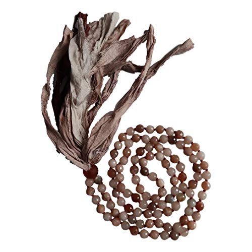 108 Mala Bead Necklace - 8mm Moonstone and Peach Moonstone Stones - African Glass Guru Bead - Sari Silk Tassel - Meditation, Mindfulness, Yoga - Mala to Foster Intuition, Self-Love and Wholeness