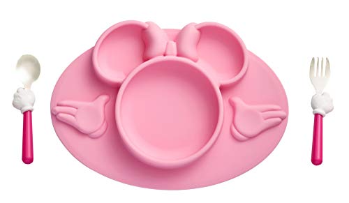 Book Cover The First Years Disney Minnie Mouse Silicone Placemat with Stainless Steel Fork & Spoon 3 Piece Set, Pink