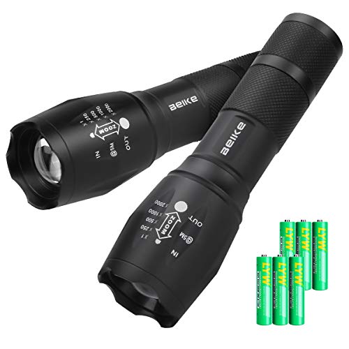 Beike 2 Pack LED Tactical Flashlight (Batteries Included) - 5 Modes, High Lumen, Zoomable, Water Resistant, Handheld light for Camping, Hiking, Outdoor, Emergency