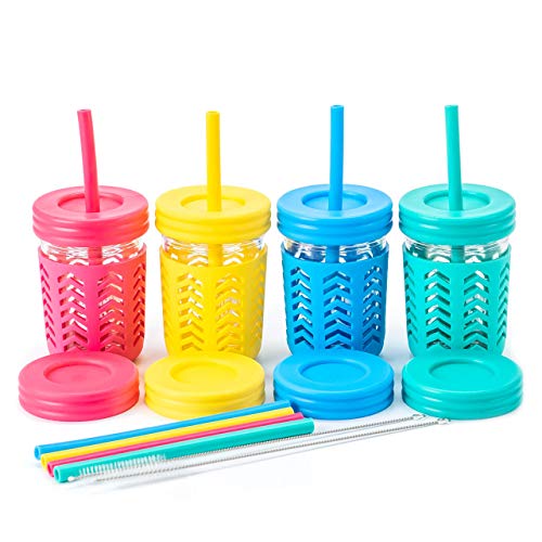 Toddler Cups/Kids Cups by JumpinJars! 4 Kids Mason Jar Cups with Straw (x8), 8x Lids, 4x Jackets, 2x Straw Cleaners! Spill Proof Cups For Kids – Kids Tumbler with Straw – 8oz Kid Drinking Glass