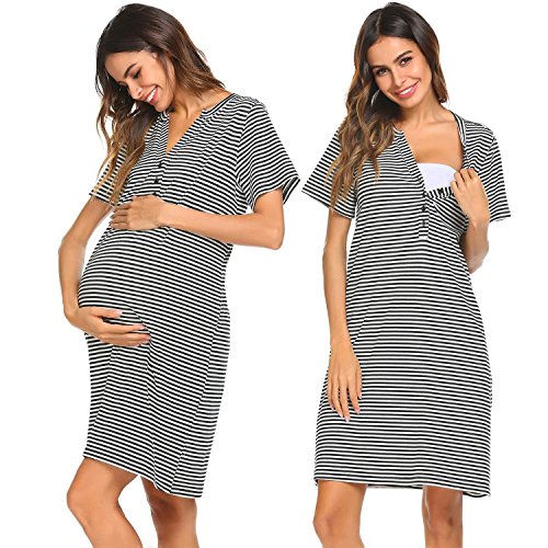 Ekouaer Women Short Sleeve Nightgown Striped Nursing Nightgown Breastfeeding Sleep Dress