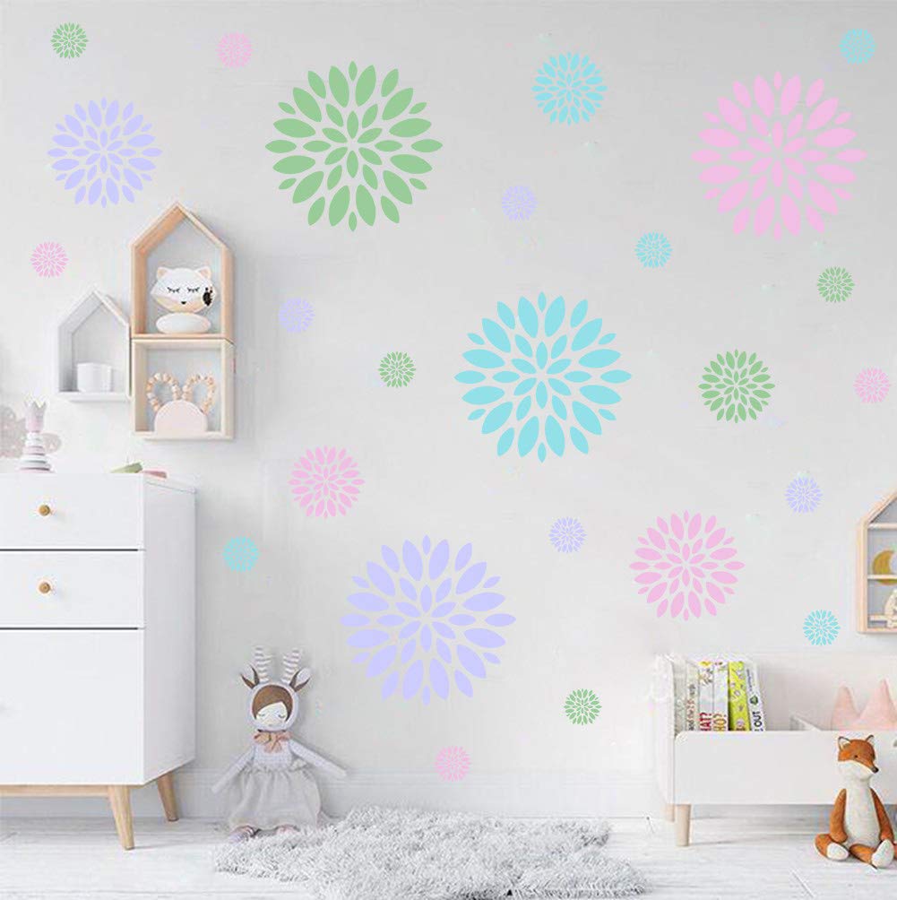 Book Cover Blooming Flower Wall Decal, Attractive Floral Fireworks Pattern Sticker for Holiday Decoration, Beautiful Circle Window Cling Decor and Girls Bedroom Decor (28pcs Multicolor Decals)