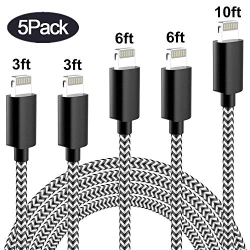Book Cover Sharllen MFi Certified 5Pack[3/3/6/6/10FT] Nylon Braided Cell-Phone Charging Cable USB Fast Charging & Syncing Long Cord,iPhone Charger Compatible iPhone XS/Max/XR/X/8/8P/7/7P/6/iPad/iPod Black&White