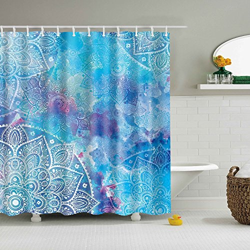 Book Cover BROSHAN Mandala Shower Curtain Blue, Watercolor Paisley Floral Retro Tribe Ombre Art Print Bohemian Polyester Waterproof Fabric Bathroom Decor Set with Hooks,72 x 72 Inch