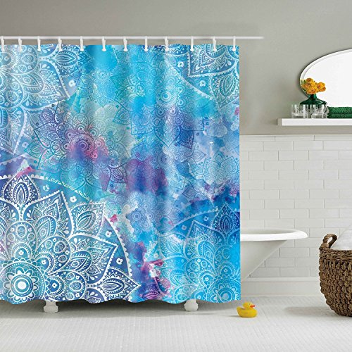 BROSHAN Mandala Shower Curtain Blue, Watercolor Paisley Floral Retro Tribe Ombre Art Print Bohemian Polyester Waterproof Fabric Bathroom Decor Set with Hooks,72 x 72 Inch