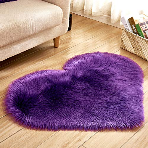 Heart Shaped Soft Faux Sheepskin Fur Area Rugs for Home Sofa Floor Mat Plush, 3ft x 2.2ft (Violet)