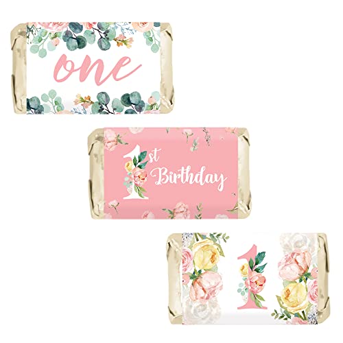 DISTINCTIVS Pink Floral 1st Birthday Mini Candy Bar Wrappers - 45 Stickers
