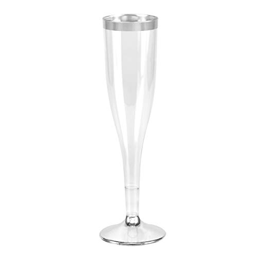 Plastic Champagne Glasses with Silver Rim, 50-Pack Disposable or Reusable Wine Glasses, 7 oz