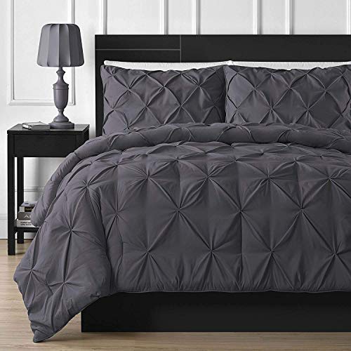 Luxuriate Hotel 1000-TC Hypoallergenic Ultra Soft 100% Egyptian Cotton 98x120" inch Over Size Super King Dark Gray Solid Pinch Plated Duvet Cover With Zipper Colser & 2pcs Pillow Case Set