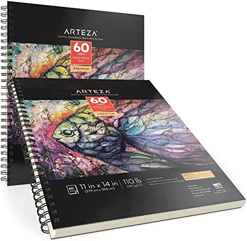 Arteza Mixed Media Sketchbooks, Pack of 2, 11 x 14 Inches, 110lb/180gsm, 120 Sheets, Spiral-Bound Drawing Pads, Art Supplies for Wet and Dry Media