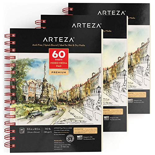 Arteza Mixed Media Sketchbooks, Pack of 3, 5.5 x 8.5 Inches, 60-Sheet Drawing Pads with 110lb Paper, Spiral-Bound, Art Supplies for Wet and Dry Media