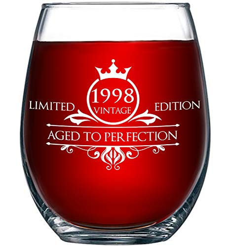 1998 21st Birthday Gifts for Women and Men Wine Glass - Funny Vintage Anniversary Gift Ideas for Mom, Dad, Husband or Wife - 15 oz Glasses for Red or White Wine - Party Decorations for Him or Her
