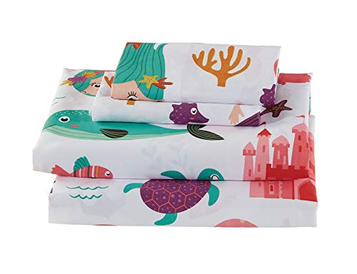 Luxury Home Collection Kids 3 Piece Twin Size Sheet Set for Girls/Teens Mermaid Sea Horse Seaturtles Starfish Dolphins White Purple Pink Teal