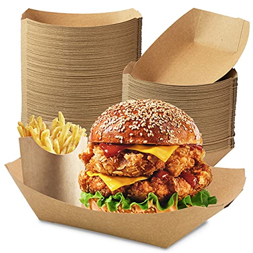 [125 Pack] 5 lb Heavy Duty Disposable Kraft Brown Paper Food Trays Grease Resistant Fast Food Paperboard Boat Basket for Parties Fairs Picnics Carnivals, Holds Tacos Nachos Fries Hot Corn Dogs