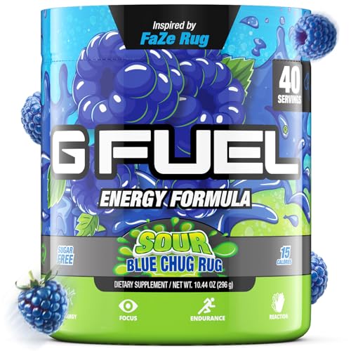 G Fuel Chug Rug Energy Drink Powder, Pre Workout Caffeine Mix for Gaming, Sugar Free Focus Amino, Vitamin + Antioxidants, 10.44oz (Sour Blue Raspberry, 40 Servings)