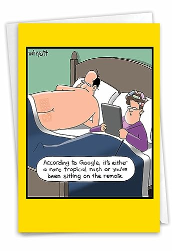 NobleWorks - 1 Funny Cartoon Card for Birthdays - Happy Bday Celebration for Grown-Ups, Humor Stationery Greeting - Remote Rash C7013BDG