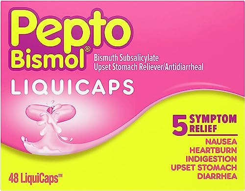 Book Cover Pepto Bismol Liquicaps, Bismuth Subsalicylate, Multi-Symptom Relief of Gas, Nausea, Heartburn, Indigestion, Upset Stomach, Diarrhea, 48 Liquicaps