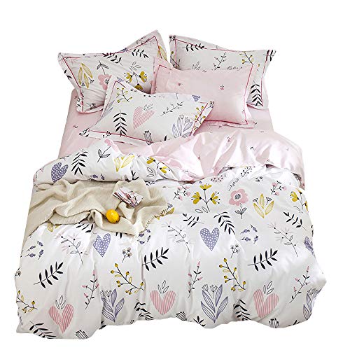 Book Cover HIGHBUY Girls Duvet Cover Twin Floral Bedding Sets White Pink Premium Cotton Teens Flower Bedding Sets Twin Kids Reversible Comforter Cover Soft Branches Bedding Collection Twin Pink