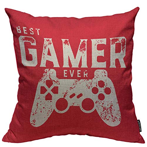 Book Cover Mugod Throw Pillow Cover Best Gamer Ever for Video Games Geek Home Decorative Square Pillow Case for Men Women Boy Gilrs Bedroom Livingroom Cushion Cover 18x18 Inch Red White Pillowcase