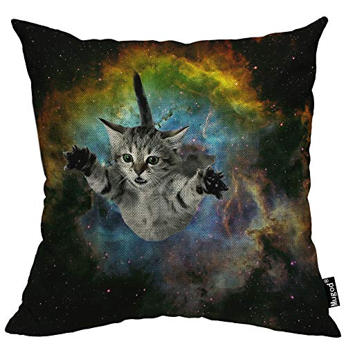 Book Cover Mugod Cat Throw Pillow Case Funny Galaxy Cat Space Exploration Dreamy Sky Clusters of Stars Decorative Cotton Linen Square Cushion Covers Standard Pillowcase Couch Sofa Bed Men/Women 18x18 Inch