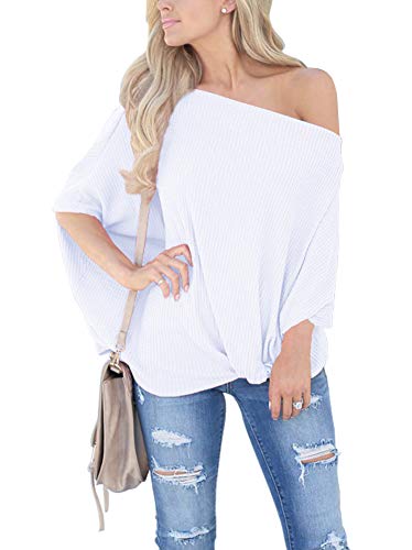 INFITTY Womens Knot Front Off The Shoulder Tops Waffle Knit Batwing Sleeve Loose Pullover Shirts Blouse
