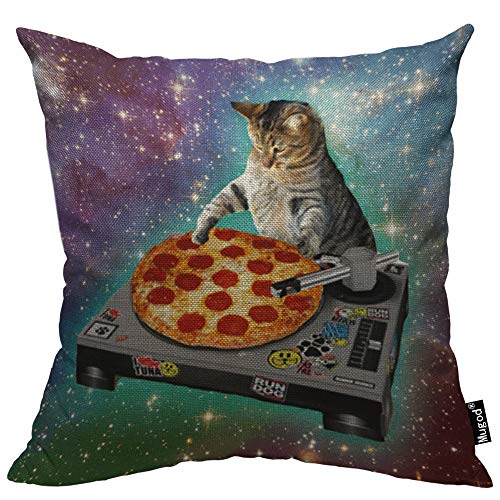Mugod Pizza Cat Decorative Throw Pillow Cover Case Delicious Food Hipster Cool Cat Galaxy Sparkling Stars Cotton Linen Pillow Cases Square Standard Cushion Covers for Couch Sofa Bed 18x18 Inch