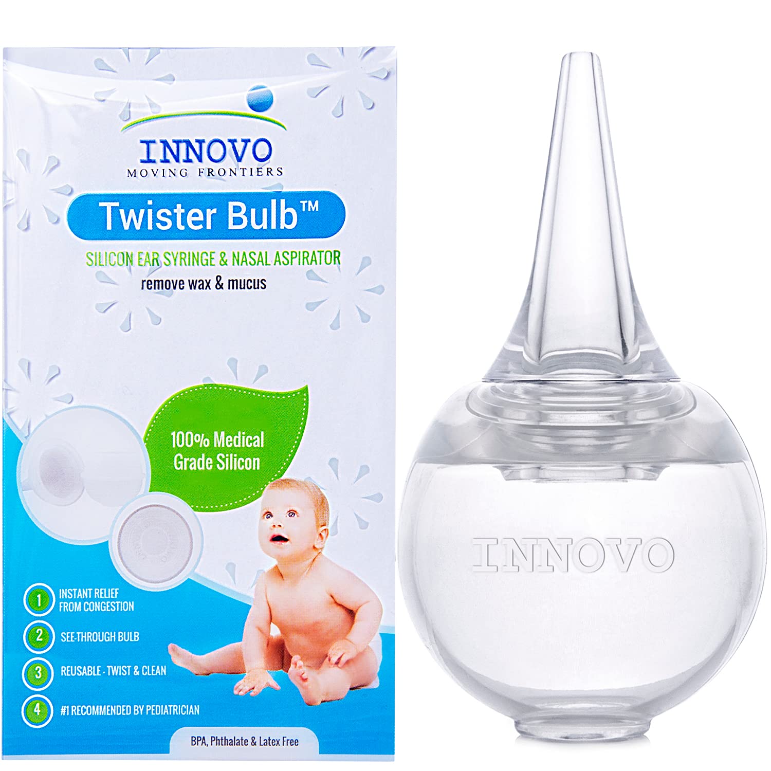 Book Cover Innovo Hospital Grade Silicone Twister Bulb Baby Ear Syringe and Nasal Aspirator, Sucks Snot and Mucus, Nasal Bulb Ear Syringe, Cleanable and Reusable Clear White