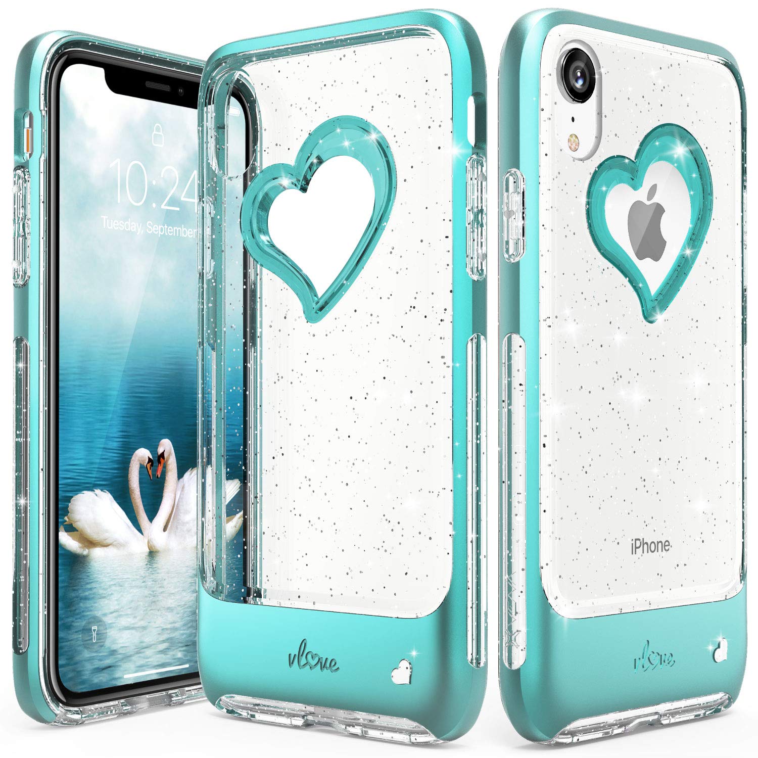 VENA iPhone XR Glitter Case, vLove (Heart Shape, CornerGuard Protection) Dual Layer Slim Hybrid Clear Bumper Cover Designed for Apple iPhone XR (6.1"-inch) - Teal