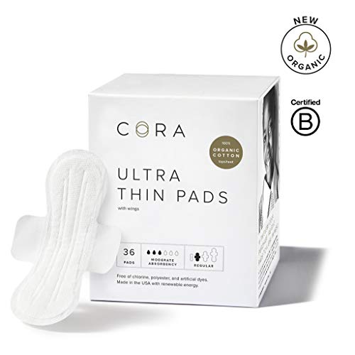 Cora Ultra Thin Organic Cotton Period Pads, Regular Absorbency, with Wings & Dry Wicking Technology (New Organic 36)