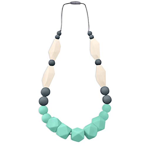 Book Cover ReignDrop Baby Teething Necklace for Mom to Wear, Silicone Teether for Pain Relief in Babies and Toddlers, Light Weight Stylist Sensory Chew Necklace for Kids Adults (Mint,Grey,Ivory)