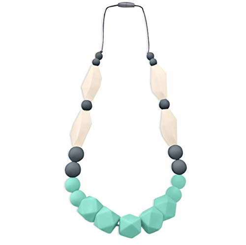 ReignDrop Baby Teething Necklace for Mom to Wear, Silicone Teether for Pain Relief in Babies and Toddlers, Light Weight Stylist Sensory Chew Necklace for Kids Adults (Mint,Grey,Ivory)