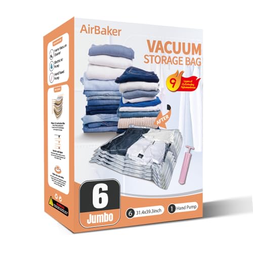 AirBaker Vacuum Storage Bags for Travel Clothes Comforters Blankets Pillows Space Saver Seal Bag (6 x Jumbo)