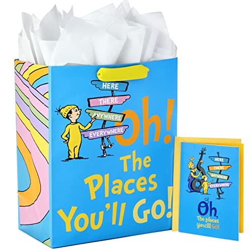 Hallmark 13" Large Dr. Seuss Graduation Gift Bag with Tissue Paper and Graduation Card (Oh! the Places You'll Go!) for High School, Kindergarten, College, Nursing School Grads