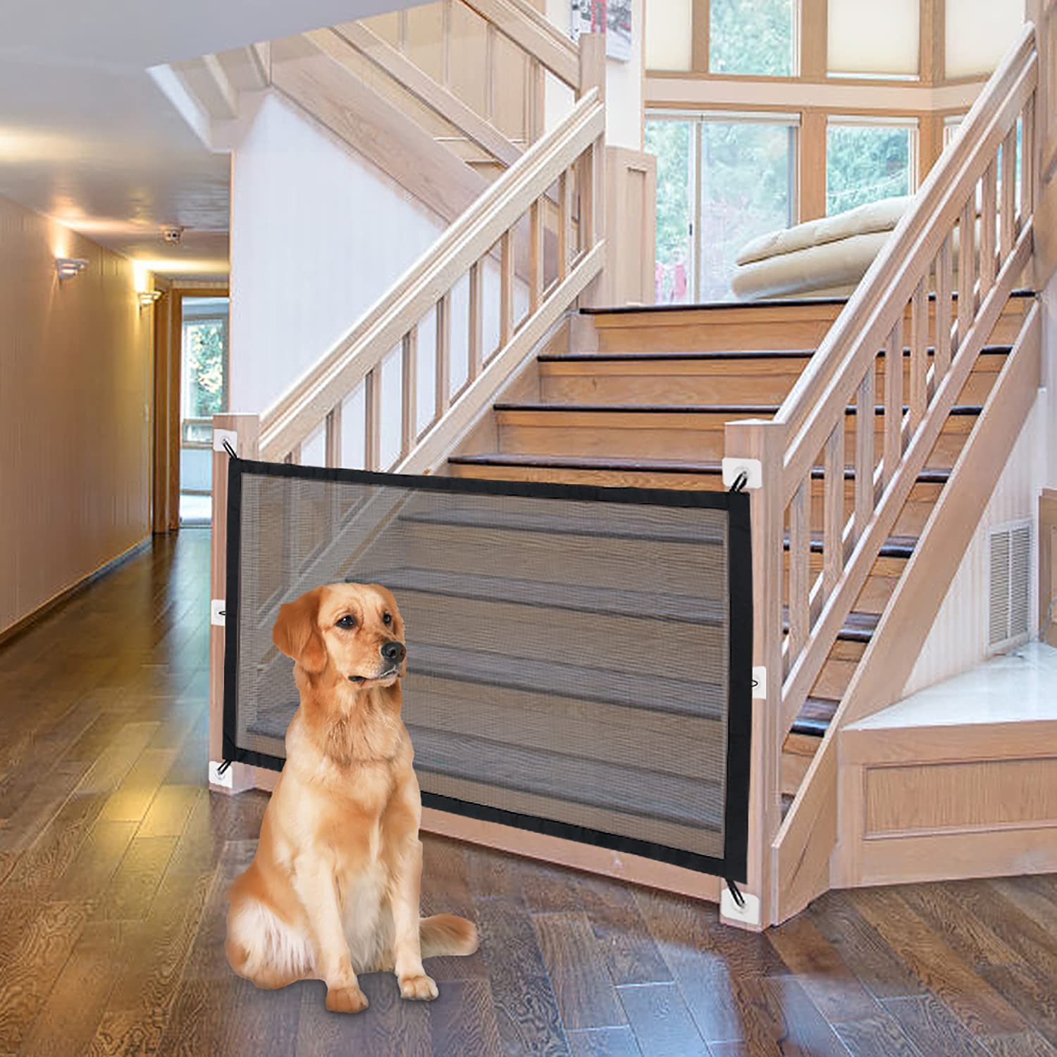 NWK 43'' X 30'' Magic Pet Gate Baby Gate for The House Stairs Providing a Safe Enclosure for Pets to Play and Rest, 6 Straps Design, 9 Hooks 30'' X 43''