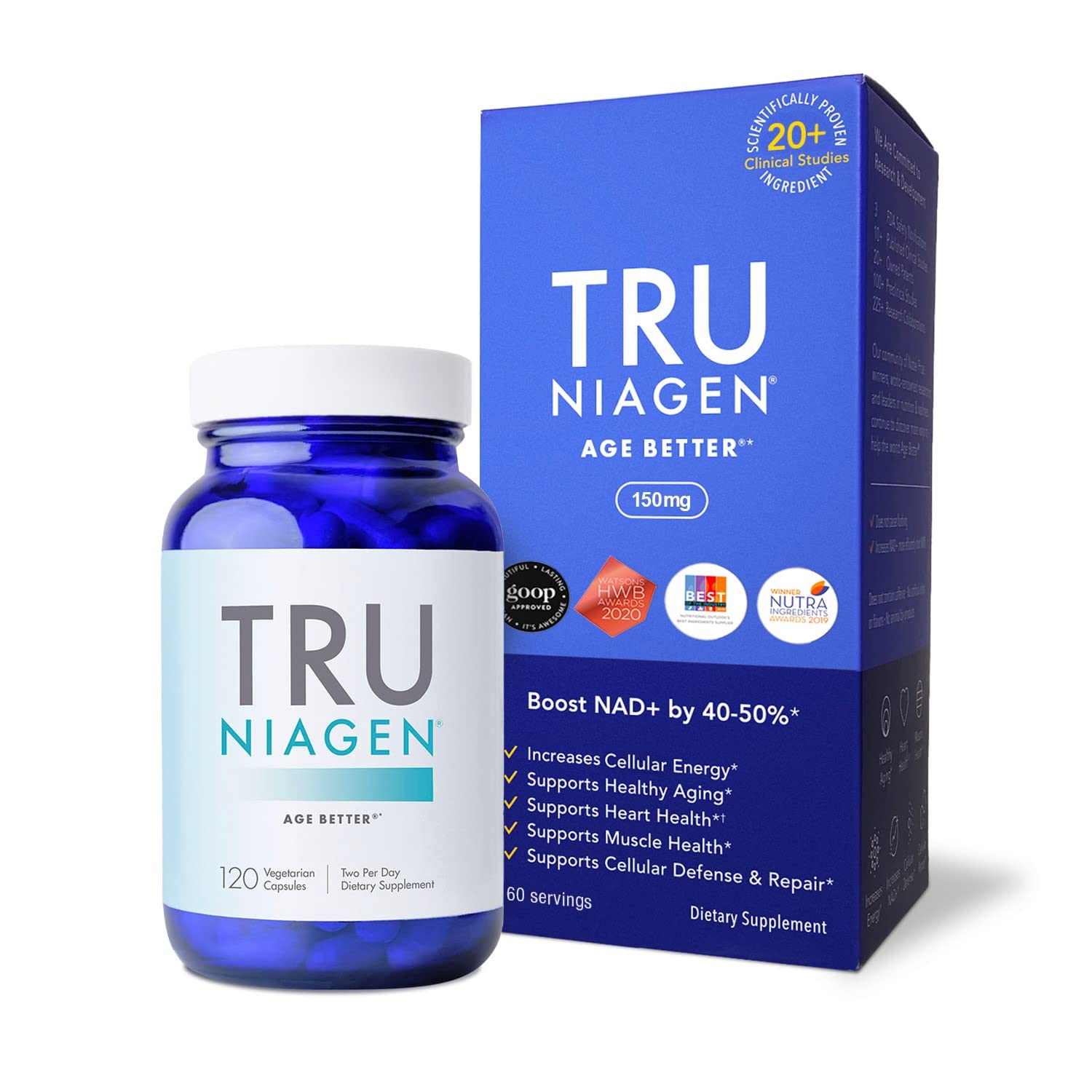 Book Cover TRU NIAGEN 120ct/150mg Multi Award Winning Patented NAD+ Boosting Supplement - More Efficient Than NMN - Nicotinamide Riboside for Cellular Energy Metabolism & Repair, Vitality & Healthy Aging