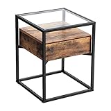 VASAGLE Industrial Side, Tempered Glass End Table with Drawer and Rustic Shelf, Decoration in Living Room Lounge Foyer, Stable Iron Frame ULET04BX, Brown